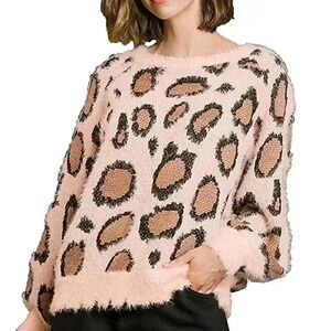 Umgee | Soft and fuzzy pink animal print pullover with puff sleeves